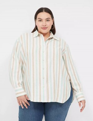 Women Lane Bryant Relaxed Linen Button-Down Shirts White Multicolor Stripes | EIH9132ER
