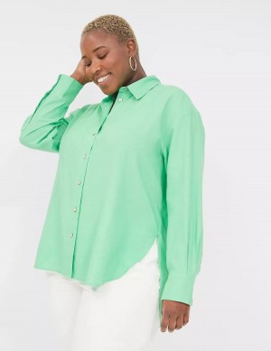 Women Lane Bryant Relaxed Linen Button-Down Shirts Light Green | SCH9475FZ