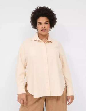 Women Lane Bryant Relaxed Linen Button-Down Shirts Grey Brown | JQT6917AJ