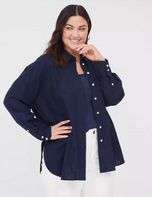 Women Lane Bryant Relaxed Linen Button-Down Shirts Blue | ADL264CW