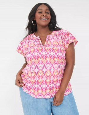 Women Lane Bryant Relaxed Notch-Neck Woven & Knit Top T Shirts Pink | IZF8398RD
