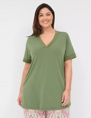 Women Lane Bryant Relaxed Short-Sleeve V-Neck Top T Shirts Brown Green | DLV999QC