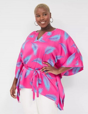 Women Lane Bryant Relaxed Split-Neck Kimono Top Blouse Pink Blue | VQJ6361ME