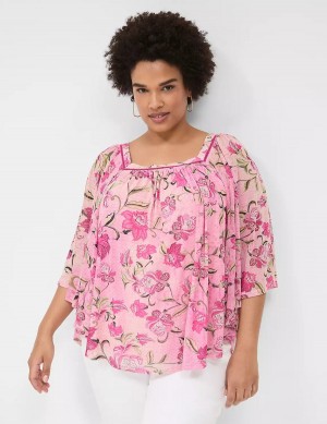 Women Lane Bryant Relaxed Square-Neck Trimmed Circle Drama Top Blouse Pink | ITX9576LT