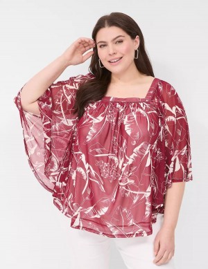 Women Lane Bryant Relaxed Square-Neck Trimmed Circle Drama Top Blouse Burgundy | XIL1591KF