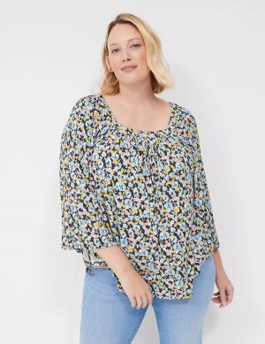 Women Lane Bryant Relaxed Square-Neck Trimmed Circle Drama Top Blouse Blue Coral | LGP5123LW