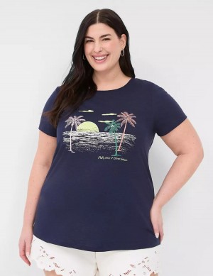 Women Lane Bryant Rhinestone Palm Trees & Ocean Breeze Graphic Tee T Shirts Blue | TTY569GB
