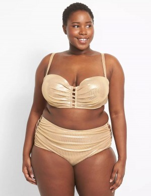 Women Lane Bryant Ribbed Ruched Strappy-Side Swim Briefs Beige | SXN221GR