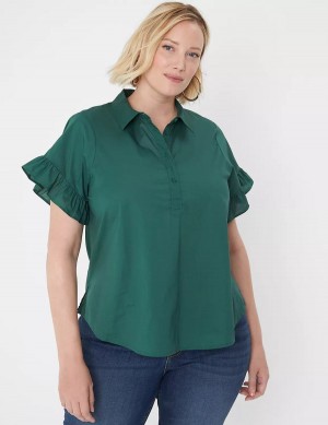 Women Lane Bryant Ruffle-Sleeve Button-Down Top T Shirts Green | KFY8539UF
