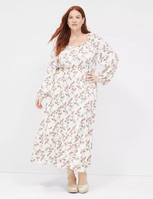 Women Lane Bryant Satin Blouson-Sleeve Tiered Midi Dress Cream Pink | EPH5599VY