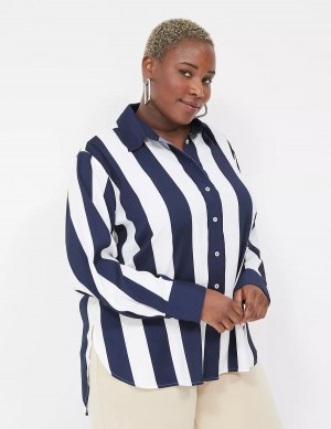 Women Lane Bryant Satin Easy Collared Stripe Button-Down Shirts Navy White Stripes | FXZ1254BJ