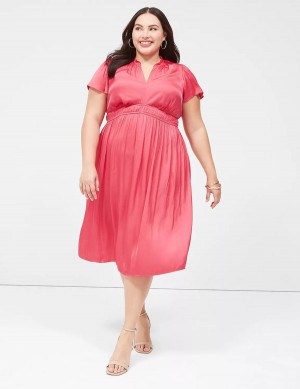 Women Lane Bryant Satin Flutter-Sleeve Ruffle V-Neck Midi Dress Pink | JNN4226PX