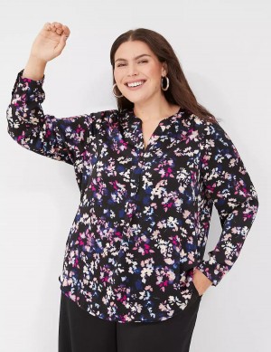 Women Lane Bryant Satin Ruched-Shoulder Blouse Black Multicolor | CAE3235SJ