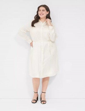 Women Lane Bryant Satin Shirt Overpiece Casual Dress White Black Stripes | KHU1466RF