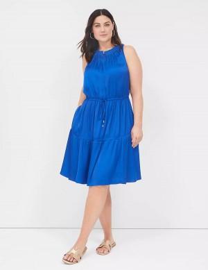 Women Lane Bryant Satin Smocked-Neck Tie-Waist Casual Dress Blue | MVA272AW