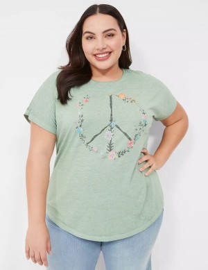 Women Lane Bryant Scoop-Neck Peace Flowers Graphic Tee T Shirts Light Green | IWH64100WT