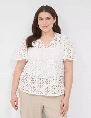 Women Lane Bryant Sheer Flutter-Sleeve Eyelet Top T Shirts White | TAZ5048KN