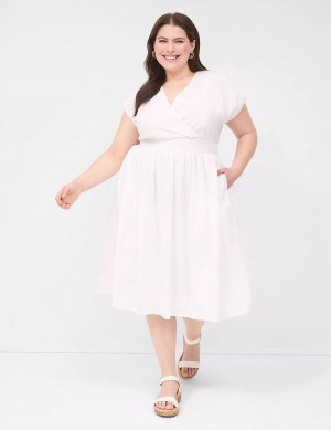 Women Lane Bryant Shirred-Shoulder Smocked-Waist Midi Dress White | GOI2937GY