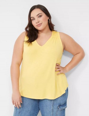 Women Lane Bryant Shirred-Shoulder V-Neck Tank Top Yellow | DRQ2576QB