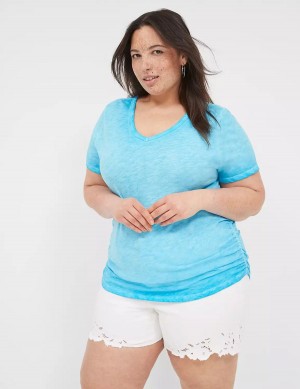 Women Lane Bryant Short-Sleeve V-Neck Side-Ruched Tee T Shirts Blue | WVF9249NE