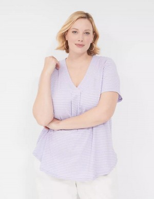 Women Lane Bryant Short-Sleeve V-Neck Top T Shirts Purple Stripes | ETL68XJ