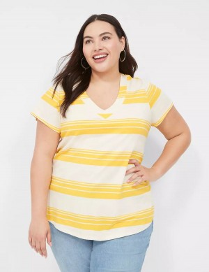 Women Lane Bryant Short Sleeve V-Neck Top T Shirts Yellow Stripes | GVH6311WC