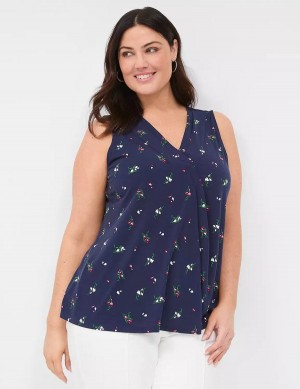Women Lane Bryant Sleeveless Pleat-Front Top Tank Top Navy Multicolor | MBH9689VX