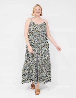 Women Lane Bryant Sleeveless V-Neck Tiered Casual Dress Blue Multicolor | RAJ4327FL
