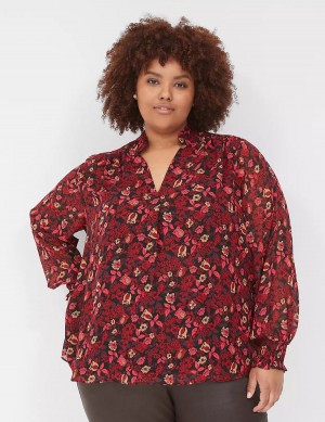 Women Lane Bryant Smocked-Shoulder Popover Blouse Red | DOQ5351FX