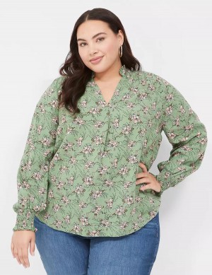 Women Lane Bryant Smocked Shoulder & Cuff Popover Blouse Green | HYS583GF