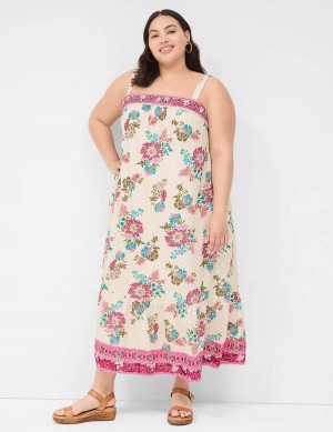 Women Lane Bryant Smocked Square-Neck Maxi Dress White Multicolor | AWC2555DI