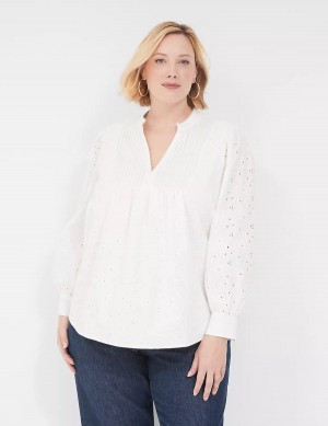 Women Lane Bryant Split-Neck Eyelet & Knit Blouse White | HKJ6063IH