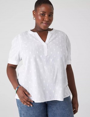 Women Lane Bryant Split-Neck Jacquard Popover Blouse White | PHU9362VV