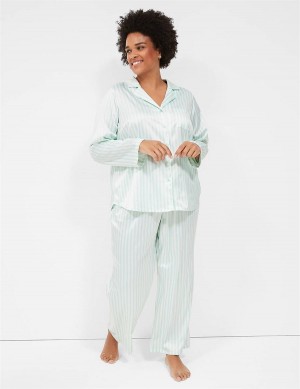 Women Lane Bryant Stretch Satin Shirt & Pant PJ Set Pajamas Green Stripes | KBC7654AA