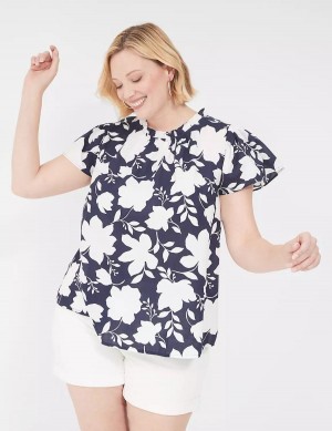 Women Lane Bryant Subtle Swing Cap-Sleeve Woven & Knit Top T Shirts Navy White | XKW2764UG