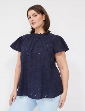 Women Lane Bryant Subtle Swing Cap Ruffle-Sleeve Eyelet & Knit Top T Shirts Blue | HLX1652HY