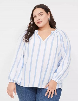 Women Lane Bryant Swing-Sleeve Popover Blouse Blue Stripes | ZNP3286WF