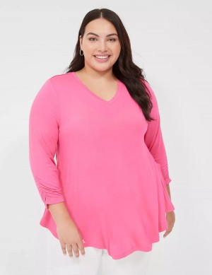 Women Lane Bryant Swing 3/4 Ruched-Sleeve Top T Shirts Fuchsia | POW9929YL