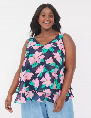 Women Lane Bryant Swing Double-Layer Chiffon Tank Top Pink Navy | ESW7730ST