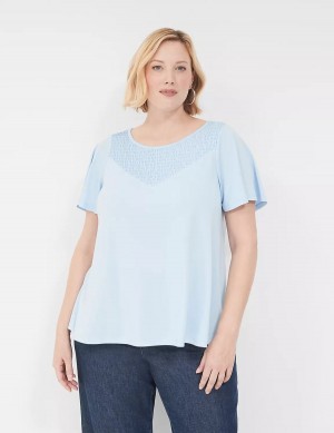 Women Lane Bryant Swing Flutter-Sleeve Smocked-Yoke Top T Shirts Blue | UNX811IJ