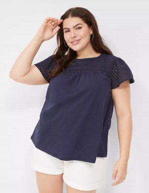 Women Lane Bryant Swing Flutter Sleeve Eyelet & Knit Tee T Shirts Blue | UAH207SZ