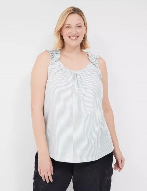 Women Lane Bryant Swing Lurex Stripe Ruffle-Sleeve Tank Top White Stripes | WFA6334SK