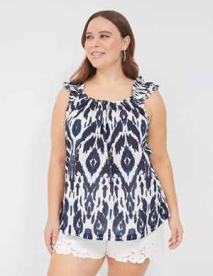 Women Lane Bryant Swing Ruffle-Sleeve Tank Top Navy White | SYW62100SW