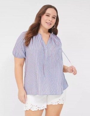 Women Lane Bryant Swing Short-Sleeve Notch-Neck Blouse Blue Stripes | ZQJ7452DJ
