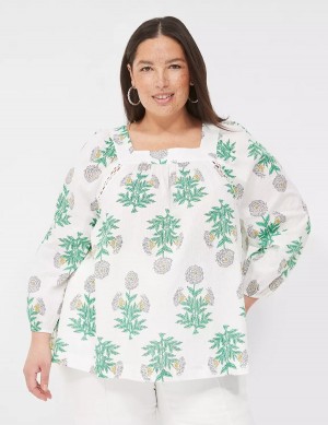 Women Lane Bryant Swing Square-Neck Peasant Blouse White Green | CAD2814BZ