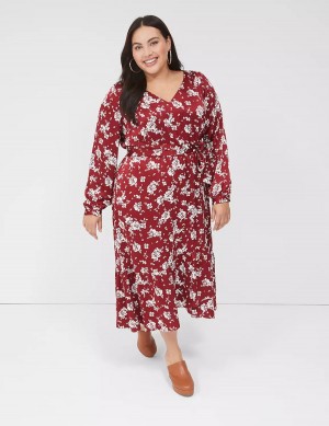Women Lane Bryant Textured Satin Long-Sleeve Wrap-Skirt Midi Dress Red | RWX3237QT