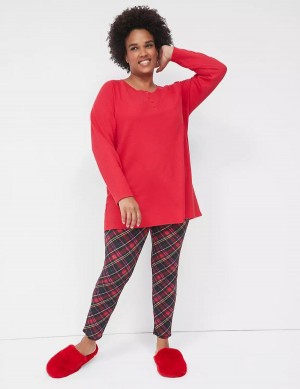 Women Lane Bryant Thermal Henley Tee & Legging PJ Set Pajamas Red Multicolor | EDX3278OL