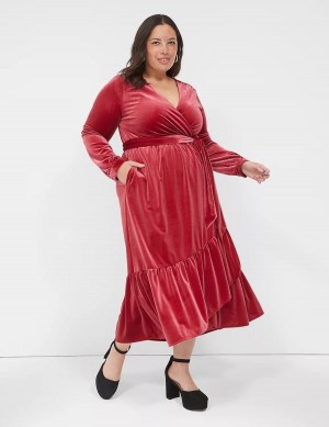 Women Lane Bryant Tiered Wrap Velvet Midi Dress Dark Red | ETX2052PT