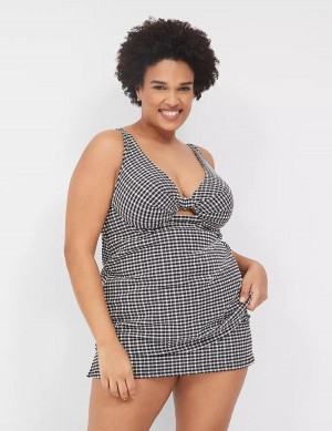 Women Lane Bryant Underwire Knot-Front Tankini Bikini Top Black White | UHD1817JD