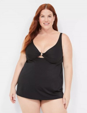Women Lane Bryant Underwire O-Ring Tankini Bikini Top Black | IPQ472US